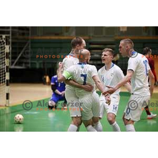 Kristjan Cujec, Igor Osredkar, Matej Fidersek, Alen Fetic in action during European Qualifiers futsal match between Slovenia and Latvia in Lasko, Slovenia on April 12, 2021