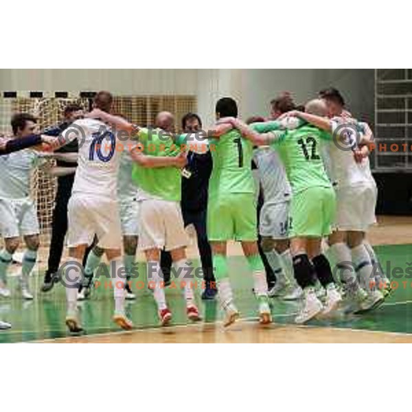 Members of Slovenia futsal team celebrate victory at European Qualifiers futsal match between Slovenia and Latvia in Lasko, Slovenia on April 12, 2021