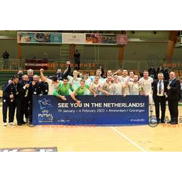 Members of Slovenia futsal team celebrate victory at European Qualifiers futsal match between Slovenia and Latvia in Lasko, Slovenia on April 12, 2021