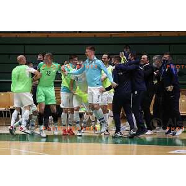 Tjaz Lovrencic, Alen Fetic, Jeremy Bukovec celebrate during European Qualifiers futsal match between Slovenia and Latvia in Lasko, Slovenia on April 12, 2021