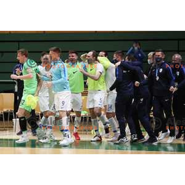Tjaz Lovrencic, Jeremy Bukovec, Kristjan Cujec celebrate during European Qualifiers futsal match between Slovenia and Latvia in Lasko, Slovenia on April 12, 2021