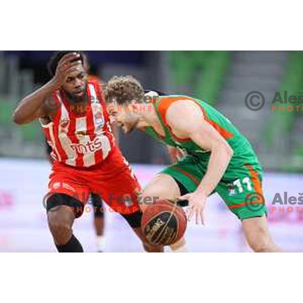 Jordan Loyd and Jaka Blazic in action during ABA league regular season basketball match between Cedevita Olimpija and Crvena Zvezda in Ljubljana on April 18, 2021