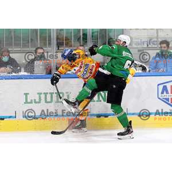 Miha Stebih in action during the Final of Alps league ice-hockey match between SZ Olimpija and Asiago in Ljubljana, Slovenia on April 20, 2021
