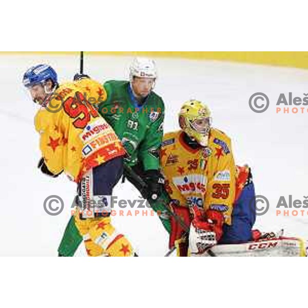 Marco Rosa, Tadej Cimzar and Gianluca Vallini in action during the Final of Alps league ice-hockey match between SZ Olimpija and Asiago in Ljubljana, Slovenia on April 20, 2021