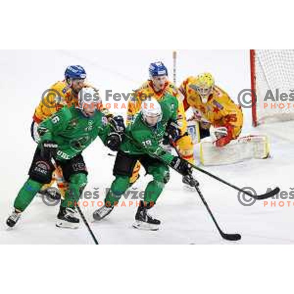 Ales Music and Anze Ropret in action during third match of the Final of Alps league ice-hockey match between SZ Olimpija and Asiago in Ljubljana, Slovenia on April 24, 2021