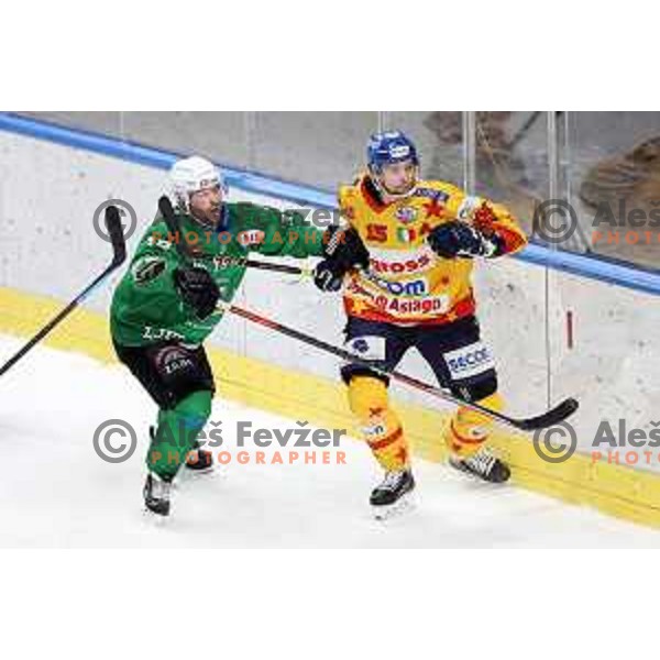 Ales Music and Enrico Miglioranzi in action during third match of the Final of Alps league ice-hockey match between SZ Olimpija and Asiago in Ljubljana, Slovenia on April 24, 2021