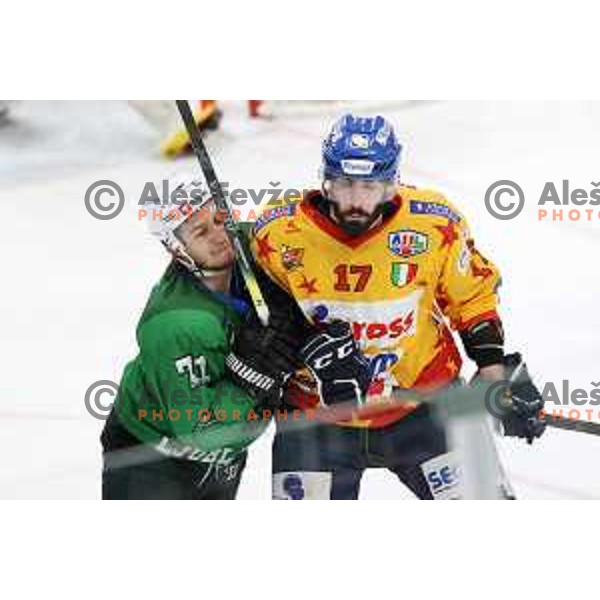 Nejc Brus in action during third match of the Final of Alps league ice-hockey match between SZ Olimpija and Asiago in Ljubljana, Slovenia on April 24, 2021