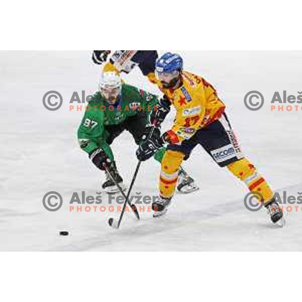 Luka Ulamec in action during third match of the Final of Alps league ice-hockey match between SZ Olimpija and Asiago in Ljubljana, Slovenia on April 24, 2021