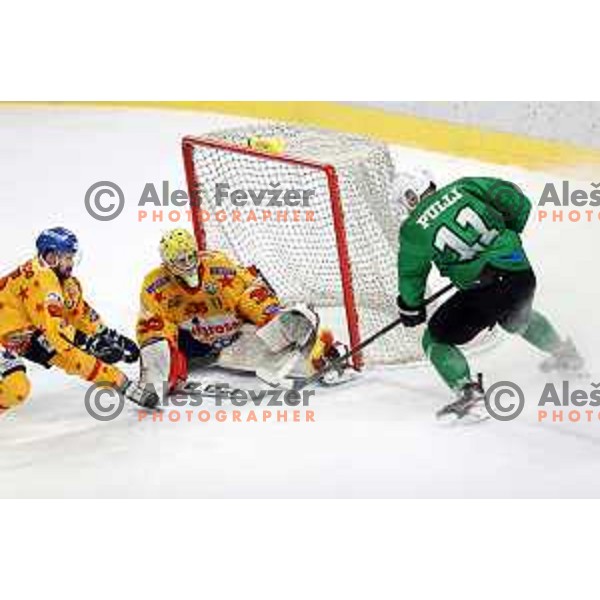 Juuso Pulli in action during third match of the Final of Alps league ice-hockey match between SZ Olimpija and Asiago in Ljubljana, Slovenia on April 24, 2021