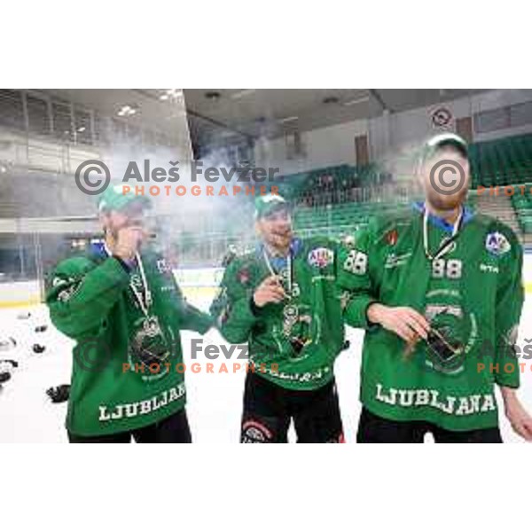 Luka Vidmar, Ales Music and Miha Zajc, Winners of the Final of Alps league ice-hockey match between SZ Olimpija and Asiago in Ljubljana, Slovenia on April 24, 2021