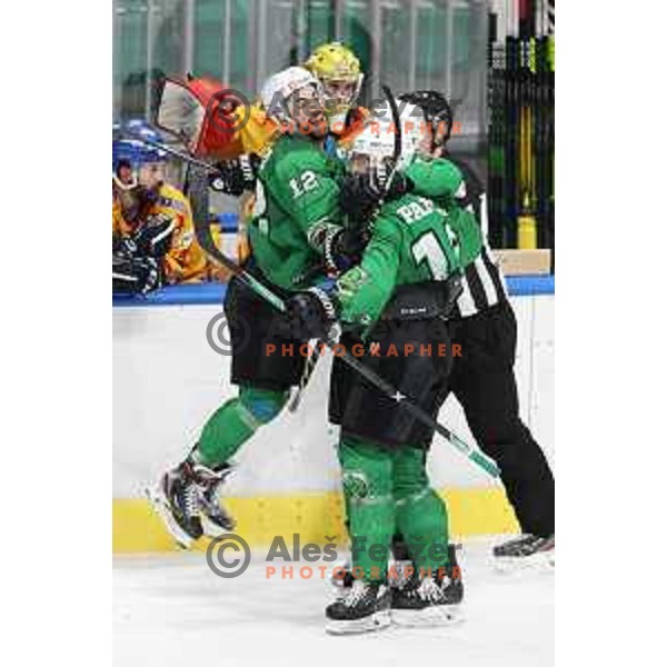 Nik Simsic and Ziga Pance celebrate goal during third match of the Final of Alps league ice-hockey match between SZ Olimpija and Asiago in Ljubljana, Slovenia on April 24, 2021