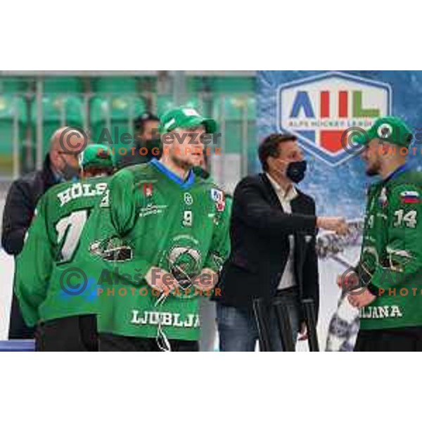 Players of SZ Olimpija, Winners of Alps league 2021 celebrate in Hala Tivoli, Ljubljana, Slovenia on April 24, 2021