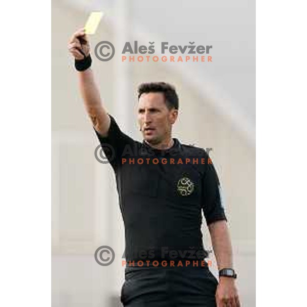 Referee Roman Glazar shows yellow card during Prva Liga Telekom Slovenije 2020-2021 football match between Gorica and Mura in Nova Gorica on April 30, 2021