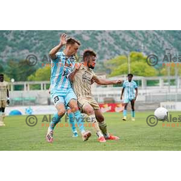 Tine Kavcic and Amadej Marosa in action during Prva Liga Telekom Slovenije 2020-2021 football match between Gorica and Mura in Nova Gorica on April 30, 2021