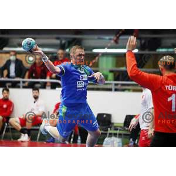 Vid Poteko in action during Euro Handball 2022 Qualifyer handball match between Slovenia and Turkey in Celje on May 2, 2021