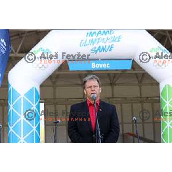 Valter Mlekuz, Mayor of Bovec gives a speech at Start of Slovenska Bakla, Olympic journey around Slovenia in 81 days started in Bovec, Slovenia on May 3, 2021