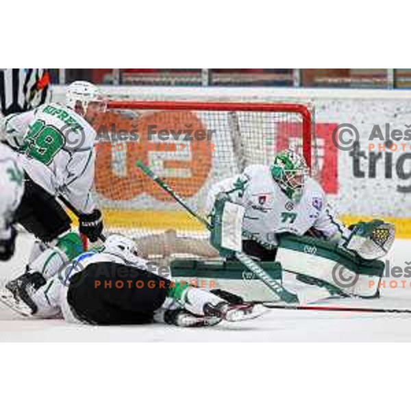 Anze Ropret and Paavo Holsa in action during second game of the Final of Slovenian Championship ice-hockey match between SIJ Acroni Jesenice and SZ Olimpija in Jesenice, Slovenia on May 3, 2021