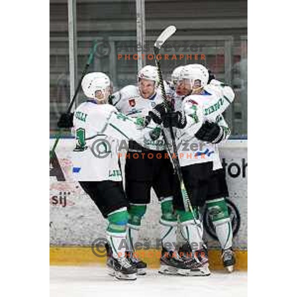 Mark Sever celebrate goal during second game of the Final of Slovenian Championship ice-hockey match between SIJ Acroni Jesenice and SZ Olimpija in Jesenice, Slovenia on May 3, 2021