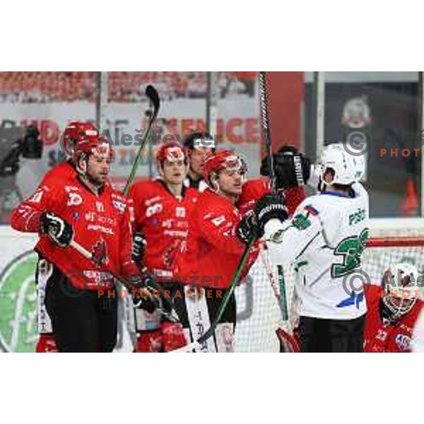 In action during second game of the Final of Slovenian Championship ice-hockey match between SIJ Acroni Jesenice and SZ Olimpija in Jesenice, Slovenia on May 3, 2021
