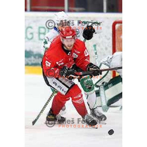Andraz Zibelnik and Gasper Glavic in action during second game of the Final of Slovenian Championship ice-hockey match between SIJ Acroni Jesenice and SZ Olimpija in Jesenice, Slovenia on May 3, 2021