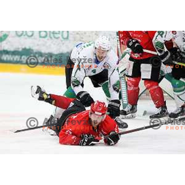 Andraz Zibelnik and Gasper Glavic in action during second game of the Final of Slovenian Championship ice-hockey match between SIJ Acroni Jesenice and SZ Olimpija in Jesenice, Slovenia on May 3, 2021