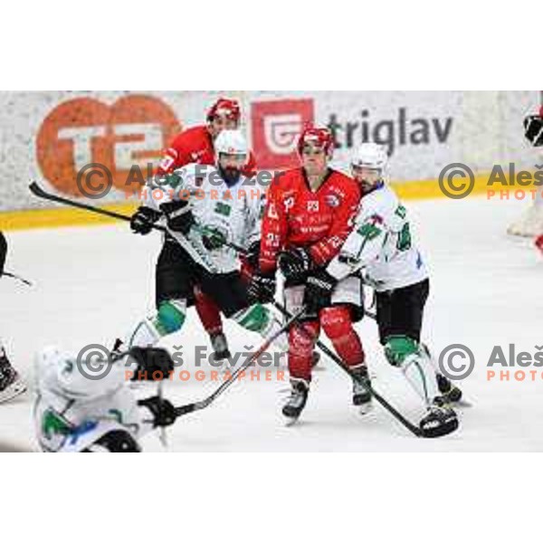 Ziga Pesut in action during second game of the Final of Slovenian Championship ice-hockey match between SIJ Acroni Jesenice and SZ Olimpija in Jesenice, Slovenia on May 3, 2021