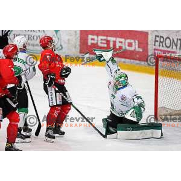 Saso Rajsar and Paavo Holsa in action during second game of the Final of Slovenian Championship ice-hockey match between SIJ Acroni Jesenice and SZ Olimpija in Jesenice, Slovenia on May 3, 2021