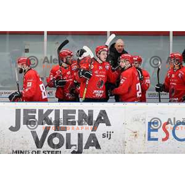 Jaka Sturm scores goal during second game of the Final of Slovenian Championship ice-hockey match between SIJ Acroni Jesenice and SZ Olimpija in Jesenice, Slovenia on May 3, 2021