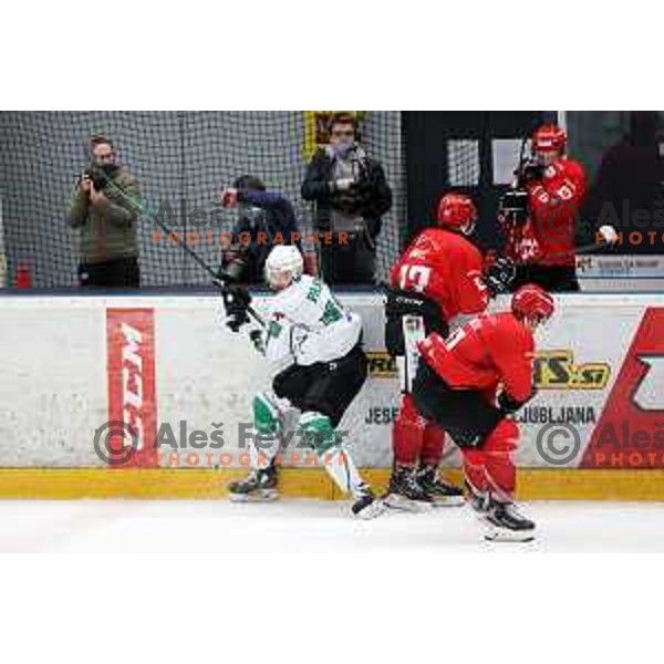 in action during second game of the Final of Slovenian Championship ice-hockey match between SIJ Acroni Jesenice and SZ Olimpija in Jesenice, Slovenia on May 3, 2021
