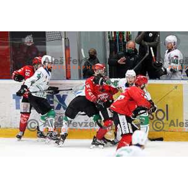 in action during second game of the Final of Slovenian Championship ice-hockey match between SIJ Acroni Jesenice and SZ Olimpija in Jesenice, Slovenia on May 3, 2021