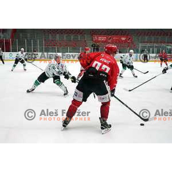 Mirko Djumic in action during second game of the Final of Slovenian Championship ice-hockey match between SIJ Acroni Jesenice and SZ Olimpija in Jesenice, Slovenia on May 3, 2021