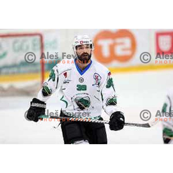 Ziga Pesut in action during second game of the Final of Slovenian Championship ice-hockey match between SIJ Acroni Jesenice and SZ Olimpija in Jesenice, Slovenia on May 3, 2021