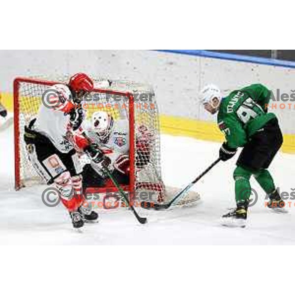 Zan Us in action during third game of the Final of Slovenian Championship ice-hockey match between SZ Olimpija and SIJ Acroni Jesenice in Ljubljana, Slovenia on May 5, 2021