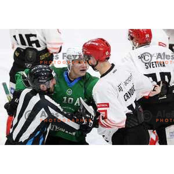 Mark Sever and Aljosa Crnovic in action during third game of the Final of Slovenian Championship ice-hockey match between SZ Olimpija and SIJ Acroni Jesenice in Ljubljana, Slovenia on May 5, 2021