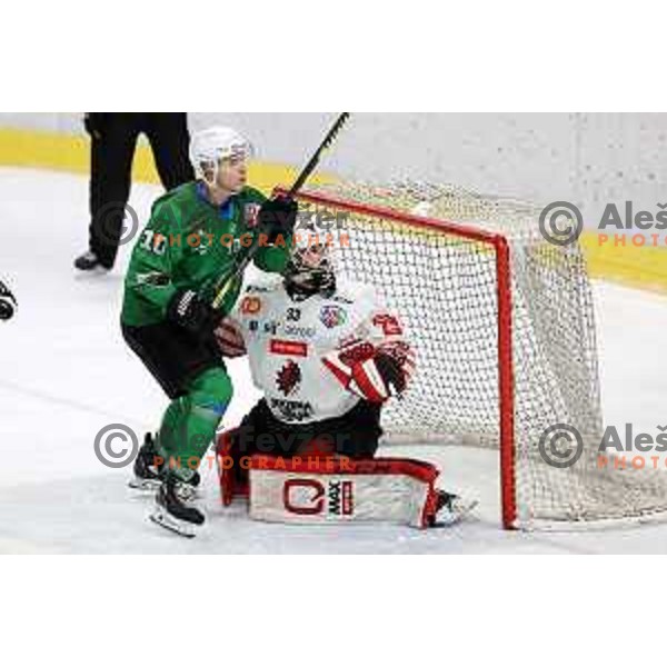 Mark Sever and Zan Us in action during third game of the Final of Slovenian Championship ice-hockey match between SZ Olimpija and SIJ Acroni Jesenice in Ljubljana, Slovenia on May 5, 2021
