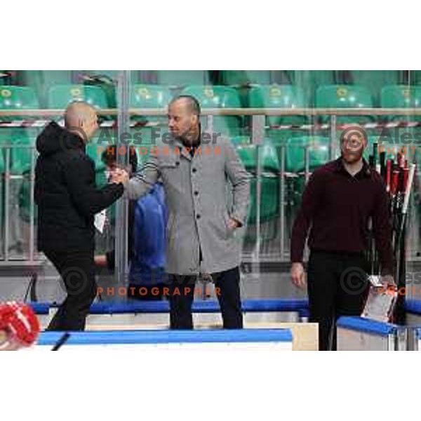 Head coach Mitja Sivic, Anze Ulcar and Andrej Tavzelj after Jesenice won third game of the Final of Slovenian Championship ice-hockey match between SZ Olimpija and SIJ Acroni Jesenice in Ljubljana, Slovenia on May 5, 2021