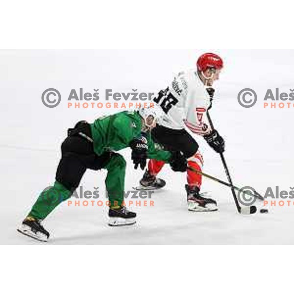 Blaz Tomazevic in action during third game of the Final of Slovenian Championship ice-hockey match between SZ Olimpija and SIJ Acroni Jesenice in Ljubljana, Slovenia on May 5, 2021