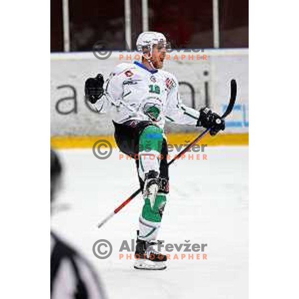 Ales Music celebrates winning goal during fourth game of the Final of Slovenian Championship ice-hockey match between SIJ Acroni Jesenice and SZ Olimpija in Jesenice, Slovenia on May 7, 2021