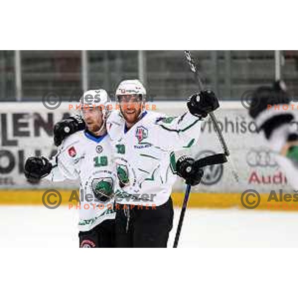 Ales Music and Luka Vidmar celebrate winning goal during fourth game of the Final of Slovenian Championship ice-hockey match between SIJ Acroni Jesenice and SZ Olimpija in Jesenice, Slovenia on May 7, 2021