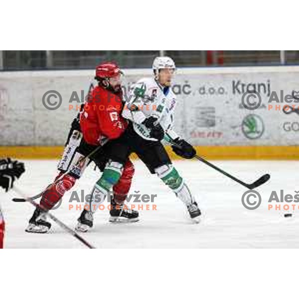 David Palnko and Tadej Cimzar during fourth game of the Final of Slovenian Championship ice-hockey match between SIJ Acroni Jesenice and SZ Olimpija in Jesenice, Slovenia on May 7, 2021