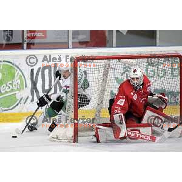 Marc Oliver Vallerand and Zan Us during fourth game of the Final of Slovenian Championship ice-hockey match between SIJ Acroni Jesenice and SZ Olimpija in Jesenice, Slovenia on May 7, 2021