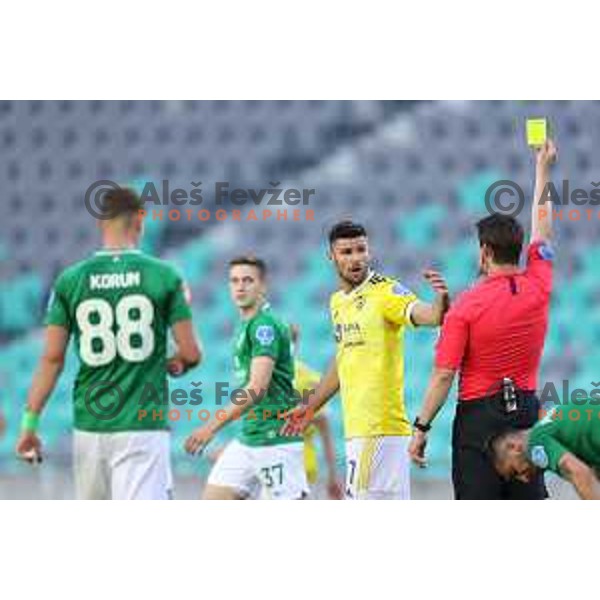 Rok Kronaveter receives yellow card during Prva Liga Telekom Slovenije 2020-2021 football match between Olimpija and Maribor in SRC Stozice, Ljubljana, Slovenia on May 9, 2021