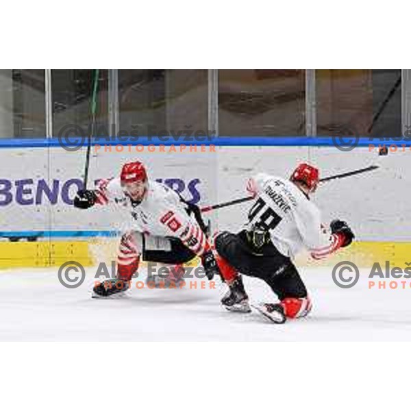 Nejc Stojan and Blaz Tomazevic during fifth game of the Final of Slovenian Championship ice-hockey match between SZ Olimpija and SIJ Acroni Jesenice in Ljubljana, Slovenia on May 10, 2021