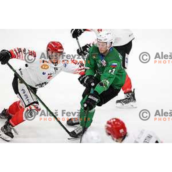 in action during fifth game of the Final of Slovenian Championship ice-hockey match between SZ Olimpija and SIJ Acroni Jesenice in Ljubljana, Slovenia on May 10, 2021