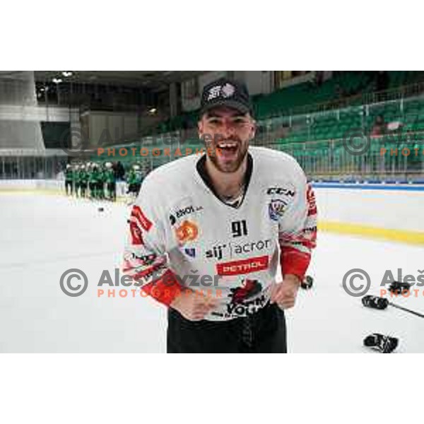 Zan Jezovsek of SIJ Acroni Jesenice celebrates Slovenian Championship ice-hockey title after victory in fifth match v of the Final between SZ Olimpija and SIJ Acroni Jesenice in Ljubljana, Slovenia on May 10, 2021