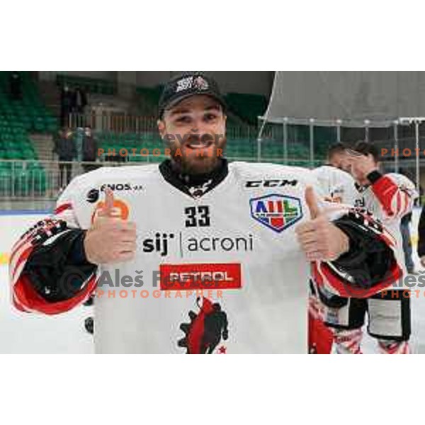 Zan Us of SIJ Acroni Jesenice celebrates Slovenian Championship ice-hockey title after victory in the fifth match of the Final between SZ Olimpija and SIJ Acroni Jesenice in Ljubljana, Slovenia on May 10, 2021