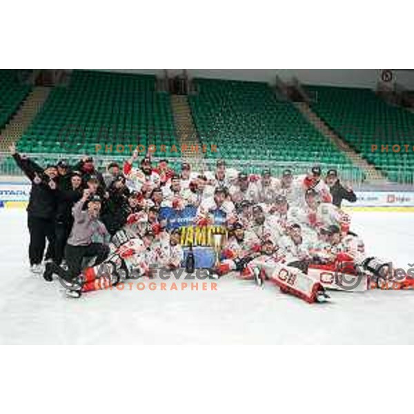 Players of SIJ Acroni Jesenice celebrate Slovenian Championship ice-hockey title after victory in fifth match v of the Final between SZ Olimpija and SIJ Acroni Jesenice in Ljubljana, Slovenia on May 10, 2021