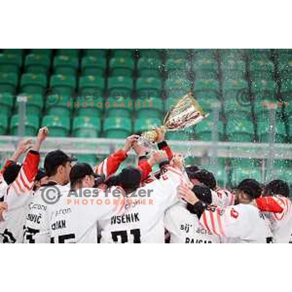 Players of SIJ Acroni Jesenice celebrate Slovenian Championship ice-hockey title after victory in fifth match of the Final between SZ Olimpija and SIJ Acroni Jesenice in Ljubljana, Slovenia on May 10, 2021