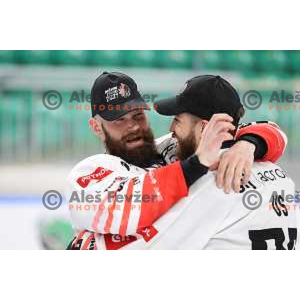 Andrej Hebar and Zan Us of SIJ Acroni Jesenice celebrate Slovenian Championship ice-hockey title after victory in fifth match v of the Final between SZ Olimpija and SIJ Acroni Jesenice in Ljubljana, Slovenia on May 10, 2021