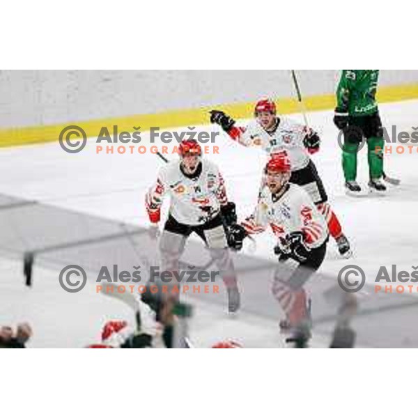 Players of SIJ Acroni Jesenice celebrate Slovenian Championship ice-hockey title after victory in fifth match of the Final between SZ Olimpija and SIJ Acroni Jesenice in Ljubljana, Slovenia on May 10, 2021